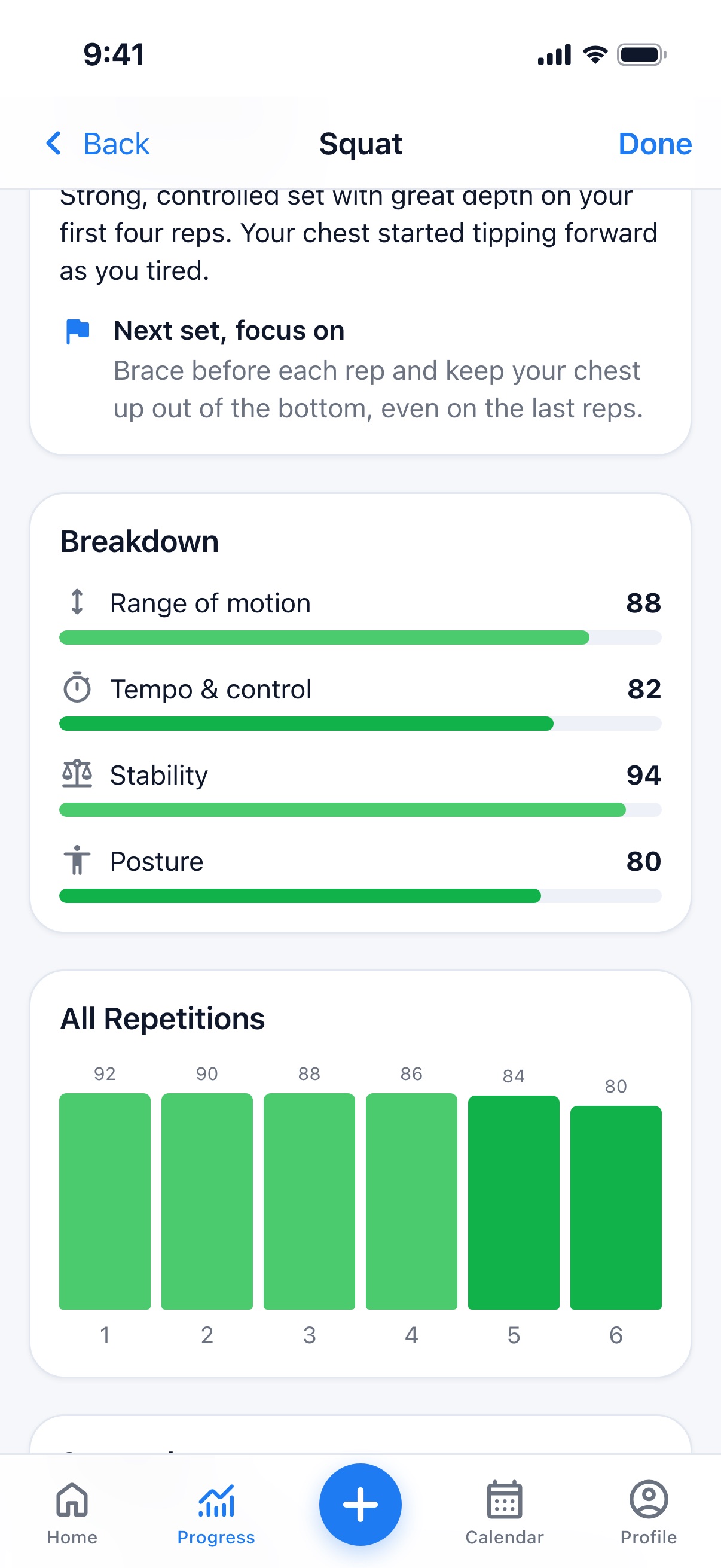 Breakdown scores and a score for each repetition