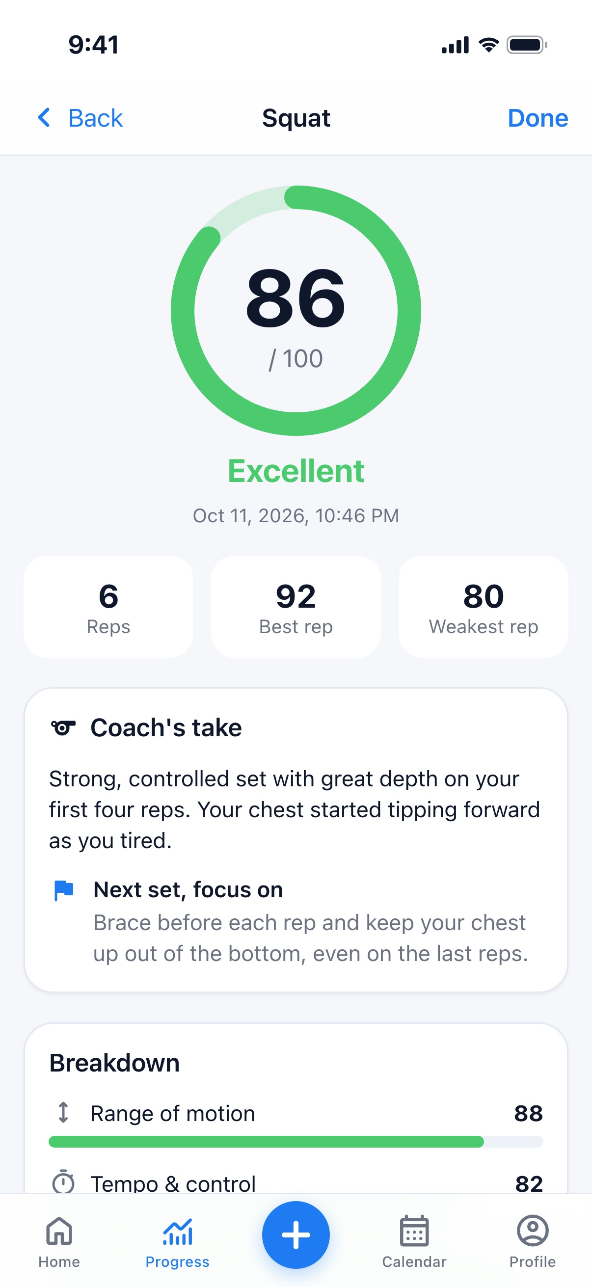 A form report with an overall score and the coach's take